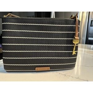 Fossil Black &White Fiona Small Heart Stripes Crossbody Bag Purse